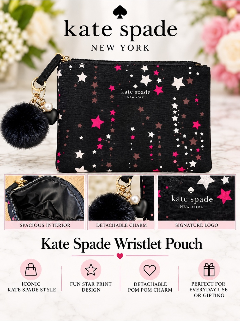 Kate Spade Star Print Wristlet Pouch with Pom Pom Charm-NWOT
